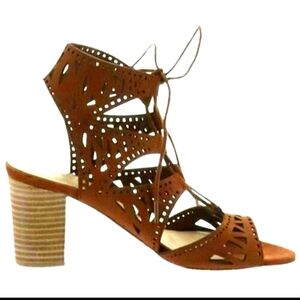 Marc Fisher Brown Laser-Cut Lace-Up Block Heel Sandals